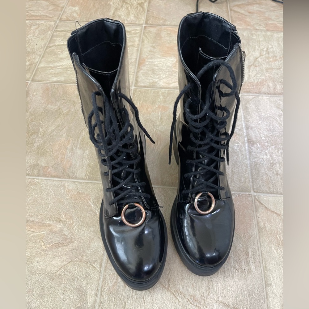 MOVING SALE MAKE OFFER Patent leather black combat boots with ring